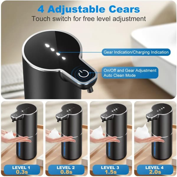 Automatic soap dispenser. Foam soap dispenser. Wall-mounted. Touchless soap dispenser with sensor. 4 adjustable levels. Black. For kitchen. Bathroom. School.