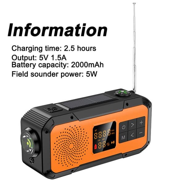 Bærbar nødradio med solcellelader, håndsveiv og batteri, oransje.