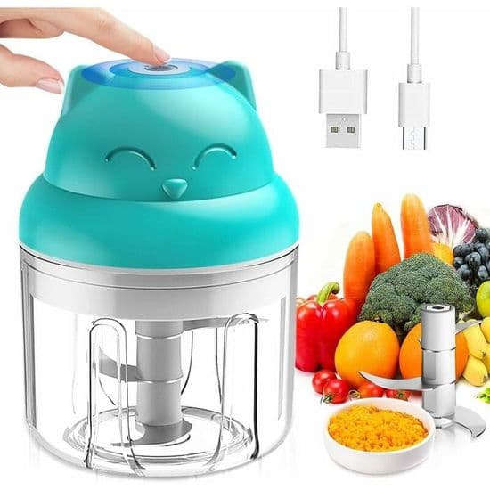 Mini elektrisk mathackare 250 ml - Rostfritt stål - 3 blad - Vitlökspress