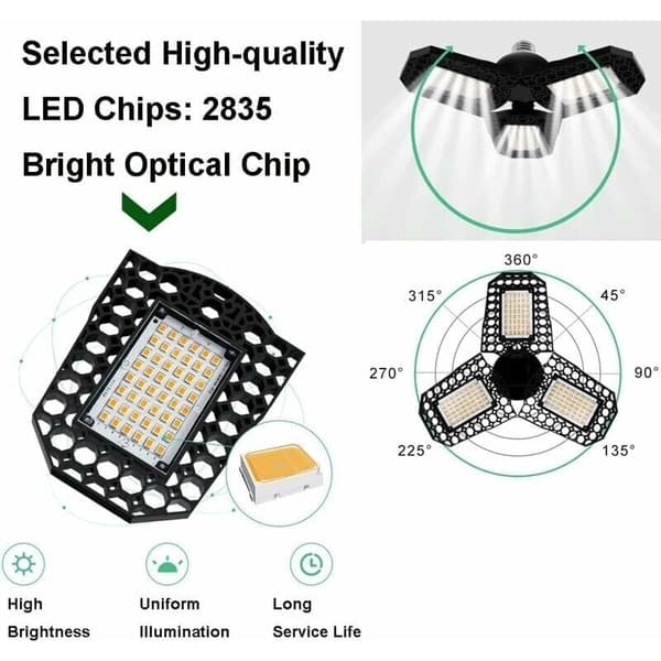 60W LED Garage Lighting. LED Ceiling Light. E27 Deformable Ceiling Lamp with 3 Adjustable Panels. Cool White. For Garage, Workshop, Warehouse, Basement, Hall, Stadium