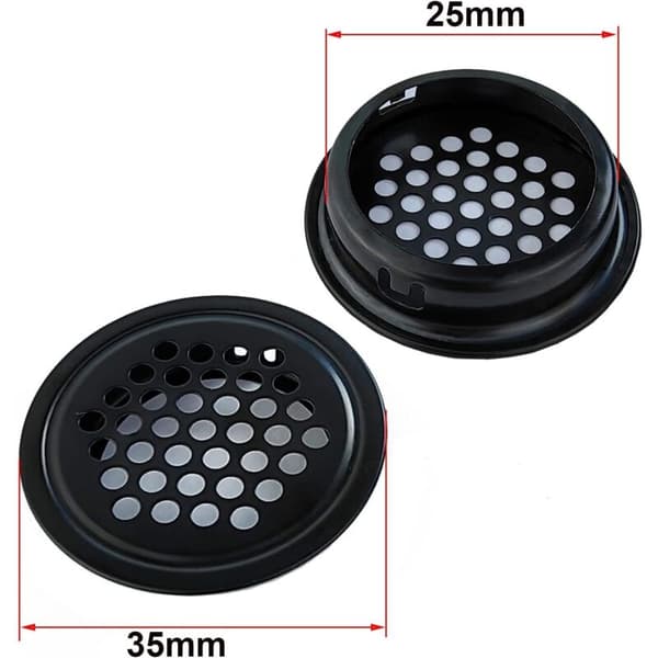 10 Stykker Sort Ventilationsrist. 25 mm Ristdæksel. Ventilationsnet i Rustfrit Stål. Ventilationsdæksel til Skabe, Bogreoler og Skoskabe