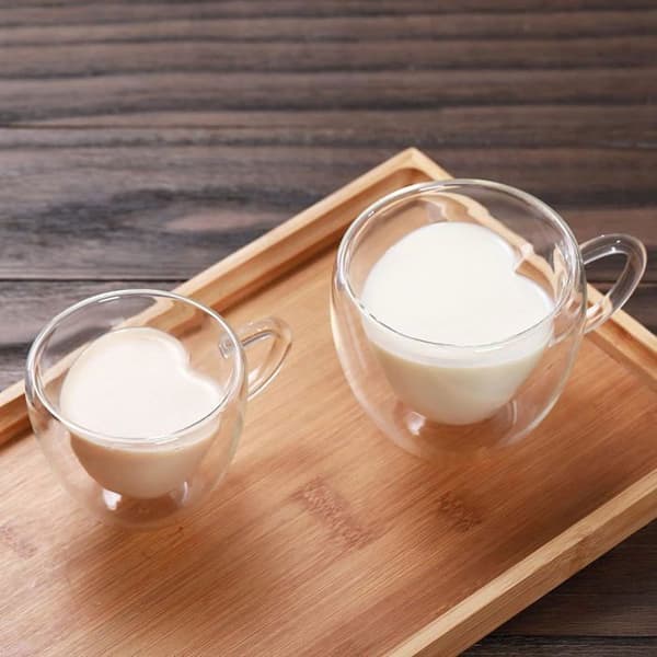 Sæt med 2 hjerteformede dobbeltvæggede kaffekopper (180 ml + 240 ml) - Til kaffe, cappuccino, latte, til par og forældre