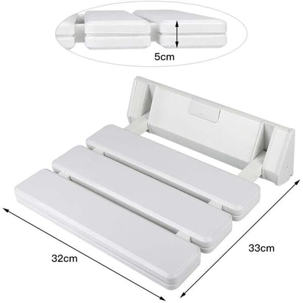 Sammenleggbart dusjsete i aluminium og ABS. 330 x 320 x 70 mm