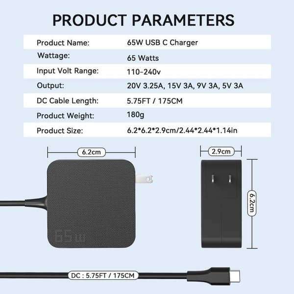 65W USB-C-lader - USB-C - 1,75 m kabel - PD 3.0 - Overspenningsvern