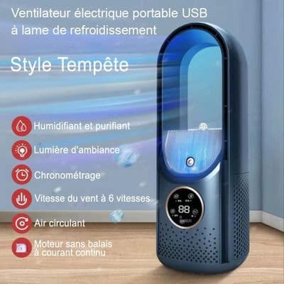 Bærbar USB-elektrisk ventilator med 6 hastigheder - Blå - Bladeless køling - 300x120mm