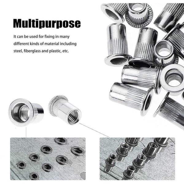 100 Pieces M6 Threaded Rivet Nuts with Flat Head. Stainless Steel Threaded Rivet Nuts. Assorted Threaded Inserts for Metal and Plastic (12mm × 15mm)