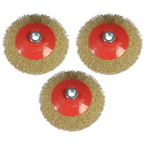 Sæt med 3 runde børster, 125 mm diameter, til vinkelslibere - M14 montering - Messing- og ståltrådsbørste
