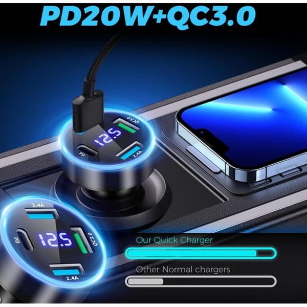 Raske USB-C billaderporter. 50W QC3.0 & PD USB billaderadapter med LED-voltmeter for iPhone, Android og Samsung.