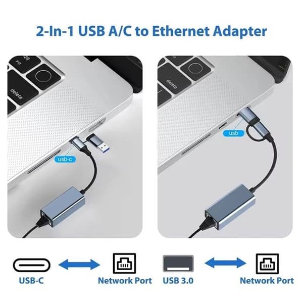 2-i-1 USB Type-C Ethernet-adapter - Hastigheter opptil 1000 Mbps - USB 3.0 - Plug and Play