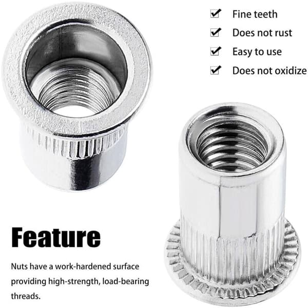 100 Pieces M6 Threaded Rivet Nuts with Flat Head. Stainless Steel Threaded Rivet Nuts. Assorted Threaded Inserts for Metal and Plastic (12mm × 15mm)