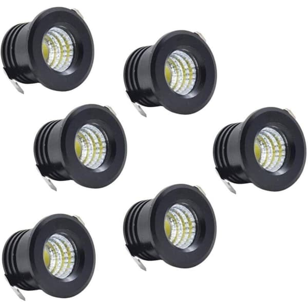 Sæt med 6 Mini Indbyggede LED Loftspots, Sort. Mini LED spots til skabsloftsbelysning. 3W. Varm Hvid.