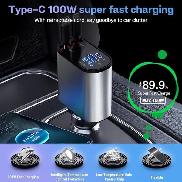 120W infällbar billaddare, 80 cm – snabbladdning för iPhone och Android