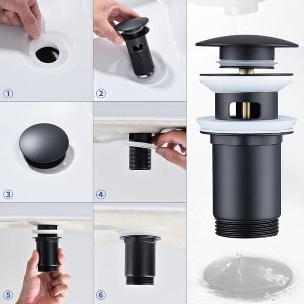 Matt black drain assembly with overflow. Universal drain assembly for washbasins. Brass drain valve for washbasins/sinks