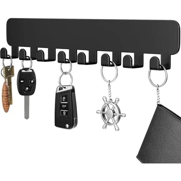 Nøgleholder til vægmontering uden boring, 8 sorte metalkroge, selvklæbende bagside til entré, køkken, badeværelse, 32 cm