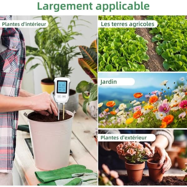 3-in-1 pH Soil Meter. Acid-Base Soil Detector. Temperature and Humidity Measurement with Backlit LCD Display.