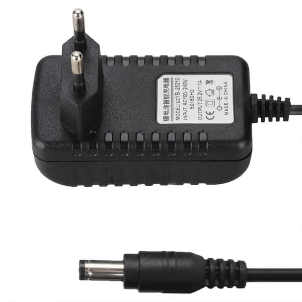 25.2V/1A Fast Charging Lithium-Ion Battery Adapter. 100-240V Input. Multi-level Protection. EU Plug.