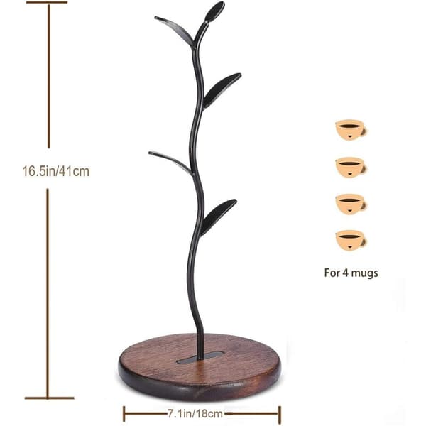 Tree-Shaped Coffee Cup Holder - Countertop and Work Surface Storage Shelf - Bar Accessories and Kitchen Organizer - Black (4 Hooks)