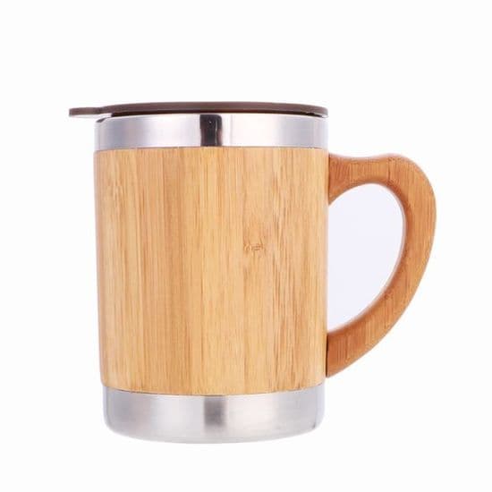 Kaffekrus - Rustfritt stål - 350 ml - Isolert - Bambushåndtak - Plastlokk