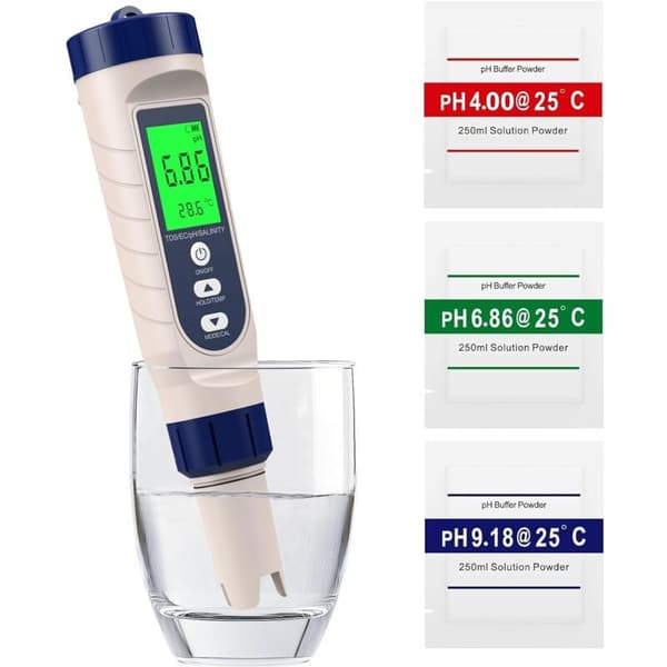5-i-1 pH-meter. pH. TDS. EC. Salinitet. Termometer. pH-tester til pool med baggrundsbelyst LCD-skærm og temperaturkompensation