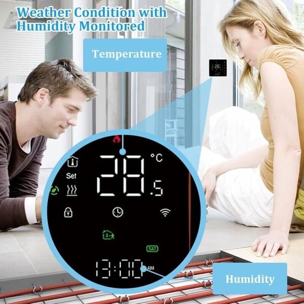 Smart WiFi Thermostat. Weekly Programmable. Touch Screen Control/Mobile App/Voice Control. Alexa/Home Compatible. For 16A Electric Floor Heating (Black)