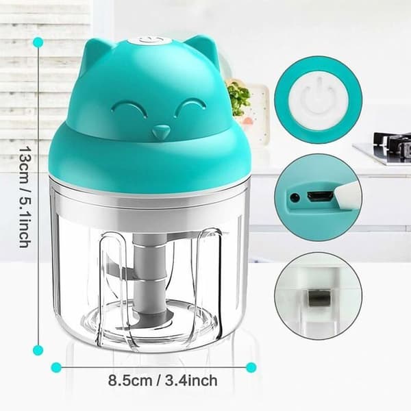 Mini elektrisk matkutter 250 ml - rustfritt stål - 3 kniver - hvitløkspresse