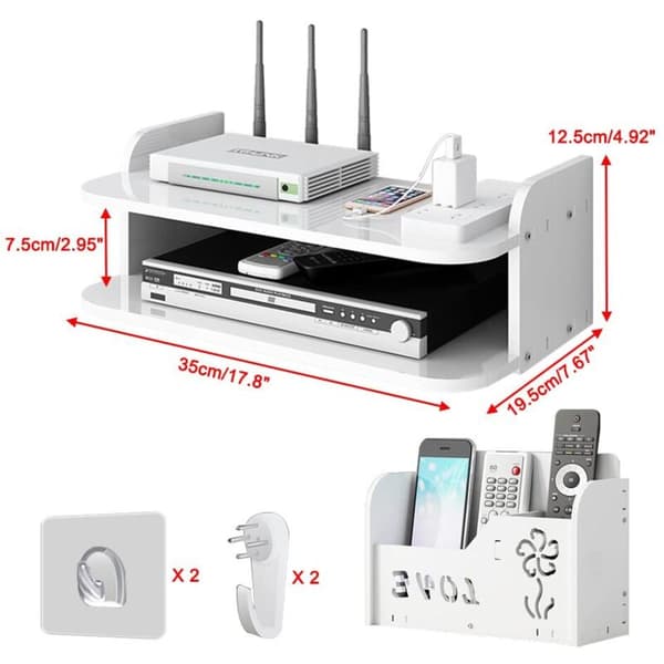 Wall-mounted storage box for multimedia TV routers, cable boxes, routers, remote controls, game consoles, and TV components.