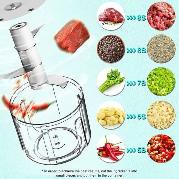 Mini elektrisk madhakker 250 ml - rustfrit stål - 3 knive - hvidløgspresser