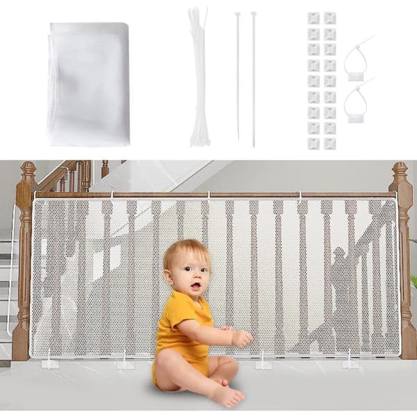 Børnesikkerhedsnet. Babysikkerhedsnet til balkon og trapper. 300 cm L x 90 cm H. Robust justerbart nethegn til katte og legetøj. Hvid