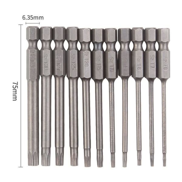 Torx Skruvmejselbits, Set om 11 - S2 Stål - 75 mm - Magnetiska
