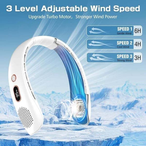 Bærbar halsventilator, 3 blæserhastigheder, USB-opladning, mini personlig ventilator - hvid