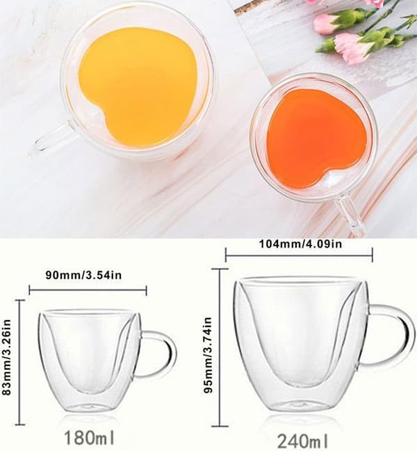 Sæt med 2 hjerteformede dobbeltvæggede kaffekopper (180 ml + 240 ml) - Til kaffe, cappuccino, latte, til par og forældre