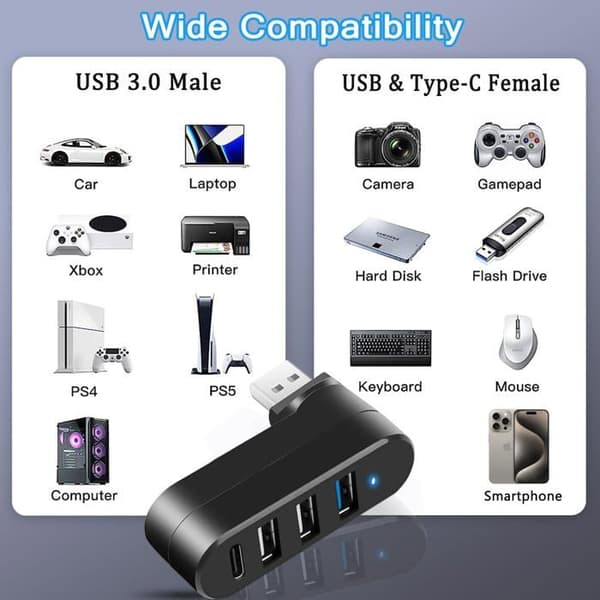 4-porters roterende USB 3.0-hub, USB-splitter med 3 USB-porter, 1 USB
