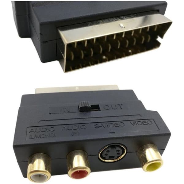 RGB Scart 21-pin hann til 3 RCA AV hunn-omformer + videoadapter (svart)