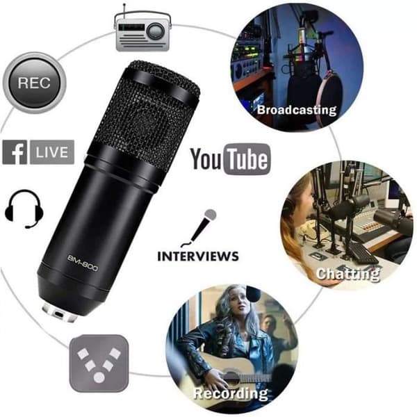 Kondensatormikrofon med V8 lydkort, BM-800 Profesjonell Studio Streaming Mikrofon, (Svart)