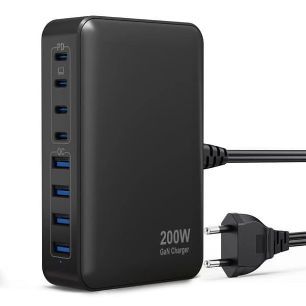200W Multiport Lader – Kompatibel med telefoner, nettbrett og bærbare datamaskiner – Svart