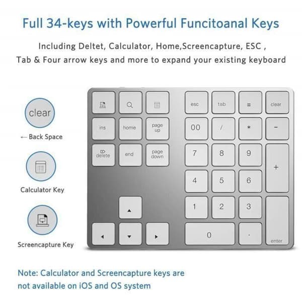 Numeriskt tangentbord - MARSEE - 34 tangenter - Bluetooth - Silver