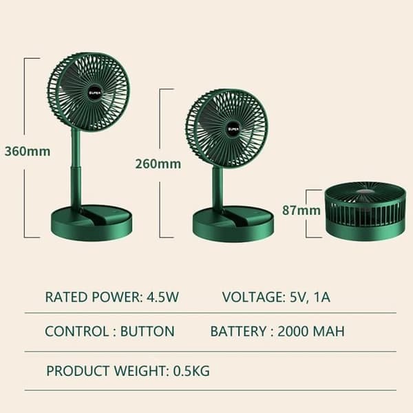 Bærbar foldbar piedestalventilator - 3 hastigheder - 2000 mAh