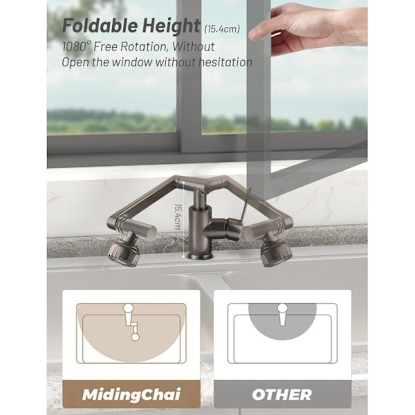 Foldable Kitchen Faucet – 1080° Rotation – Stainless Steel – 2 Flow Modes – Under-Window Installation
