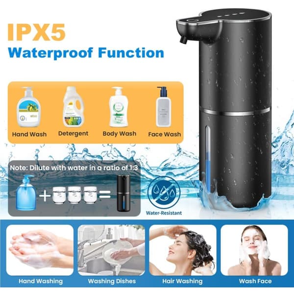 Automatic soap dispenser. Foam soap dispenser. Wall-mounted. Touchless soap dispenser with sensor. 4 adjustable levels. Black. For kitchen. Bathroom. School.