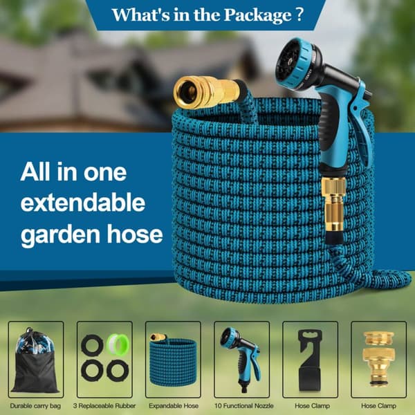 Expandable Garden Hose. Flexible Hose with 10-Function Nozzle. Extendable Car Wash Hose with Solid Brass Fitting. 15 Meters