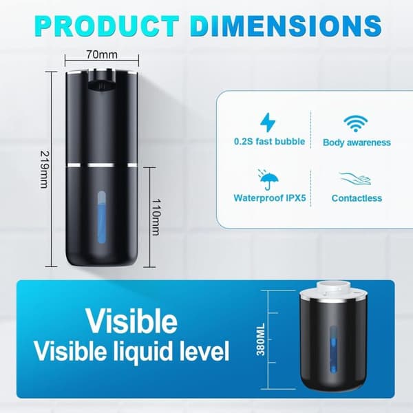 Automatic Soap Dispenser - 380 ml - Wall Mounted - Touchless Electric Soap Dispenser - With Sensor - USB Rechargeable - For Bathroom, Kitchen, Office - Black