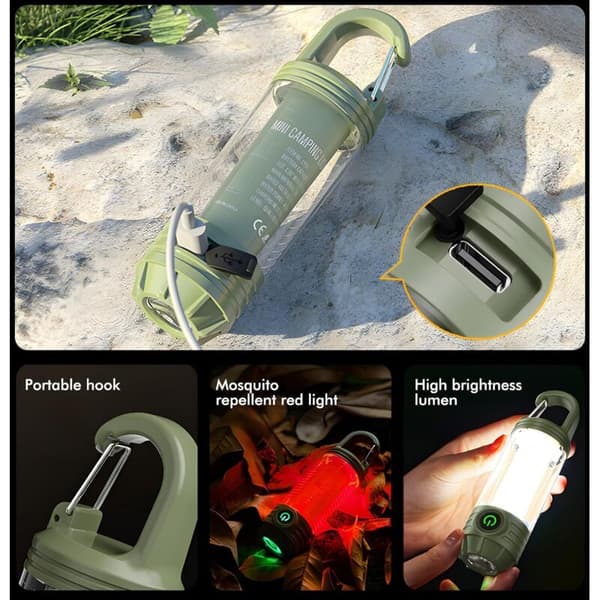 Rechargeable Camping Lantern with Hook. Mini Portable LED Flashlight. 6 Light Modes. Waterproof Emergency Light for Blackout Situations. Hurricane (Dark Green)