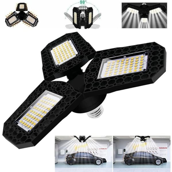 60W LED Garage Lighting. LED Ceiling Light. E27 Deformable Ceiling Lamp with 3 Adjustable Panels. Cool White. For Garage, Workshop, Warehouse, Basement, Hall, Stadium