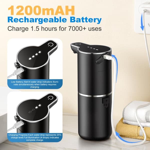 Automatic soap dispenser. Foam soap dispenser. Wall-mounted. Touchless soap dispenser with sensor. 4 adjustable levels. Black. For kitchen. Bathroom. School.