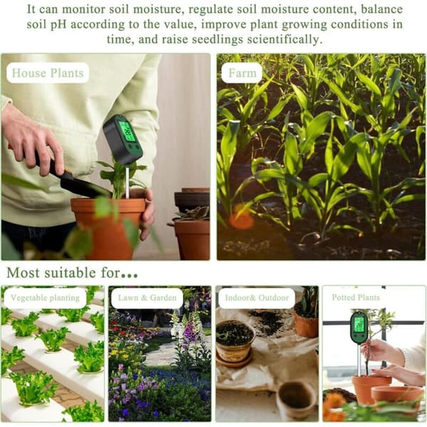 Plant Moisture Tester 5-in-1 Soil Tester with Backlit LCD Screen, pH/Temperature/Humidity/Light/Alerts