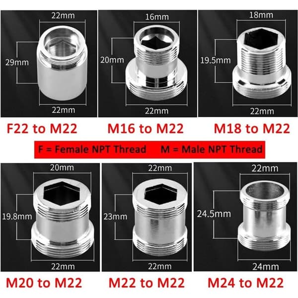 Sæt med 2 messinghaneadaptere. 22 mm NPT han til han. Haneudlufterstik til vaskehane. Vandrenser. Luftblander (M20 - M22)