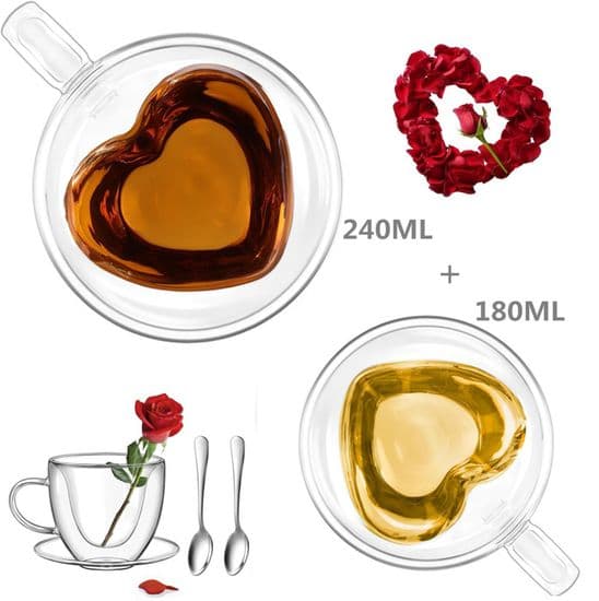 Sæt med 2 hjerteformede dobbeltvæggede kaffekopper (180 ml + 240 ml) - Til kaffe, cappuccino, latte, til par og forældre