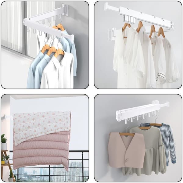 Extendable Wall-Mounted Clothes Drying Rack. 360° Rotating. For Balcony, Laundry Room, Bathroom, Bedroom (White, Double Layer)