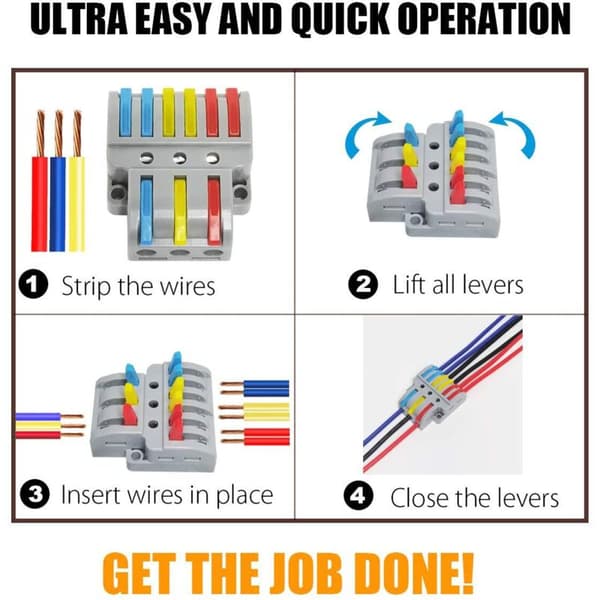 Connection Terminals. 6 Pcs. Electrical Connectors with Operating Lever. Compact Automatic Electrical Connection Terminal. 3 In 6 Out. With Mounting Screws.