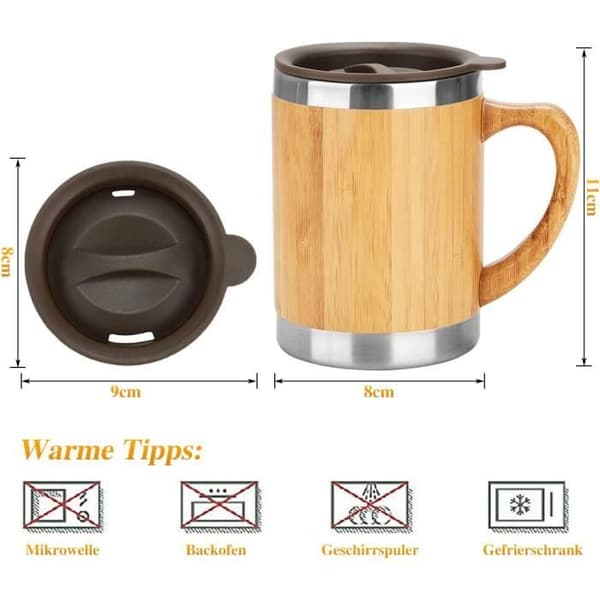Kaffekrus - Rustfrit stål - 350ml - Isoleret - Bambushåndtag - Plastlåg